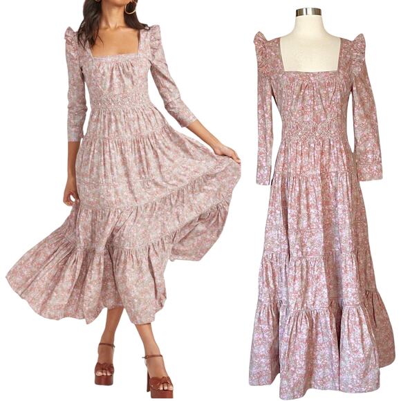 LOVESHACKFANCY Lyna Maxi Dress Tan Garden Cotton Ruffle Floral Pink S 4-6 Sample - Picture 1 of 14
